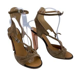 Michel Perry Nude Suede Open Toe Block Heel Ankle Buckle Strappy Sandals Size 38